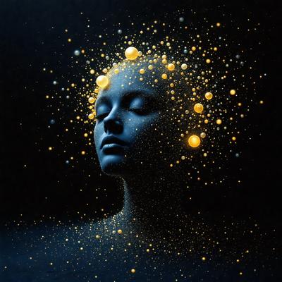 The primary subject of the image is a woman's head, which is the main focus of the scene. The setting is a dark background, which contrasts with the brightly lit head. The visual style is a combination of digital art and illustration, creating a surreal and artistic atmosphere. The colors are predominantly blue, which adds to the overall mood of the image.